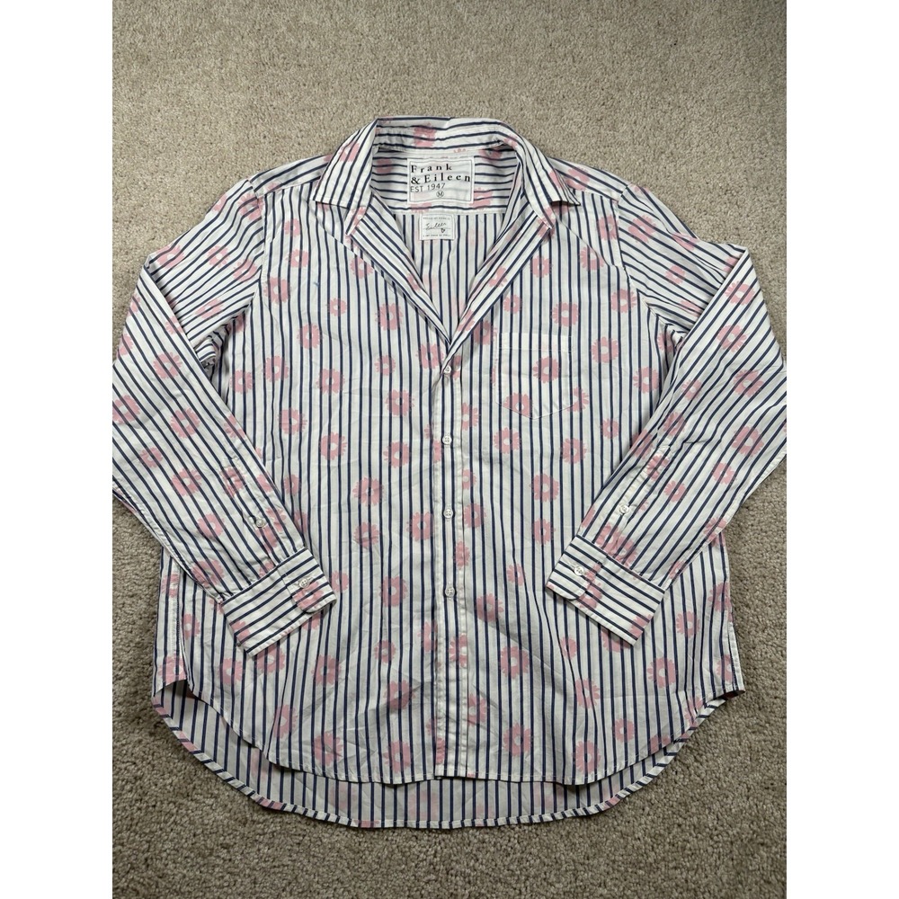 Frank & Eileen Eileen Relaxed Button Up Shirt Pink Flowers Blue Stripe Size M
